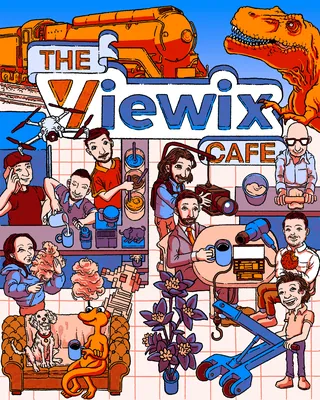 Colorful illustration of people, a dinosaur, coffee, and vintage objects