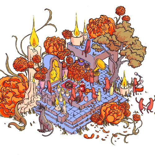 Isometric fantasy altar with candles, flowers, and mystical figures
