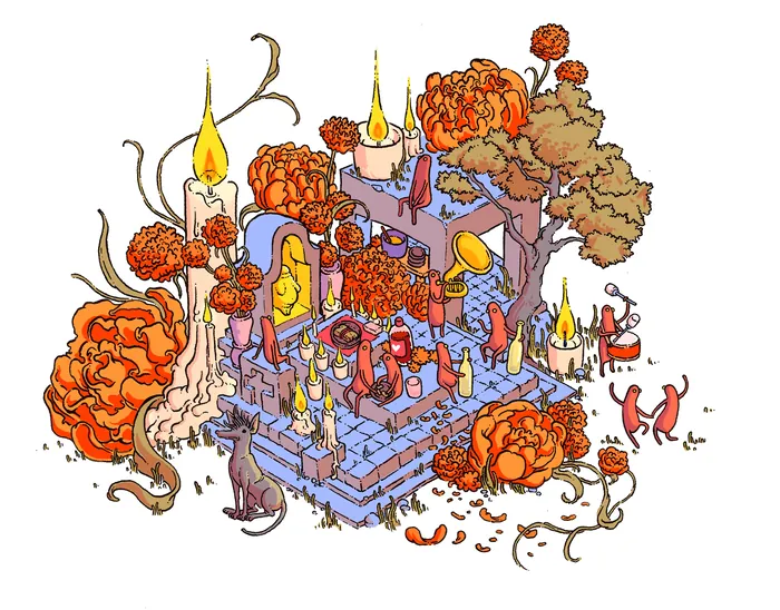 Isometric fantasy altar with candles, flowers, and mystical figures