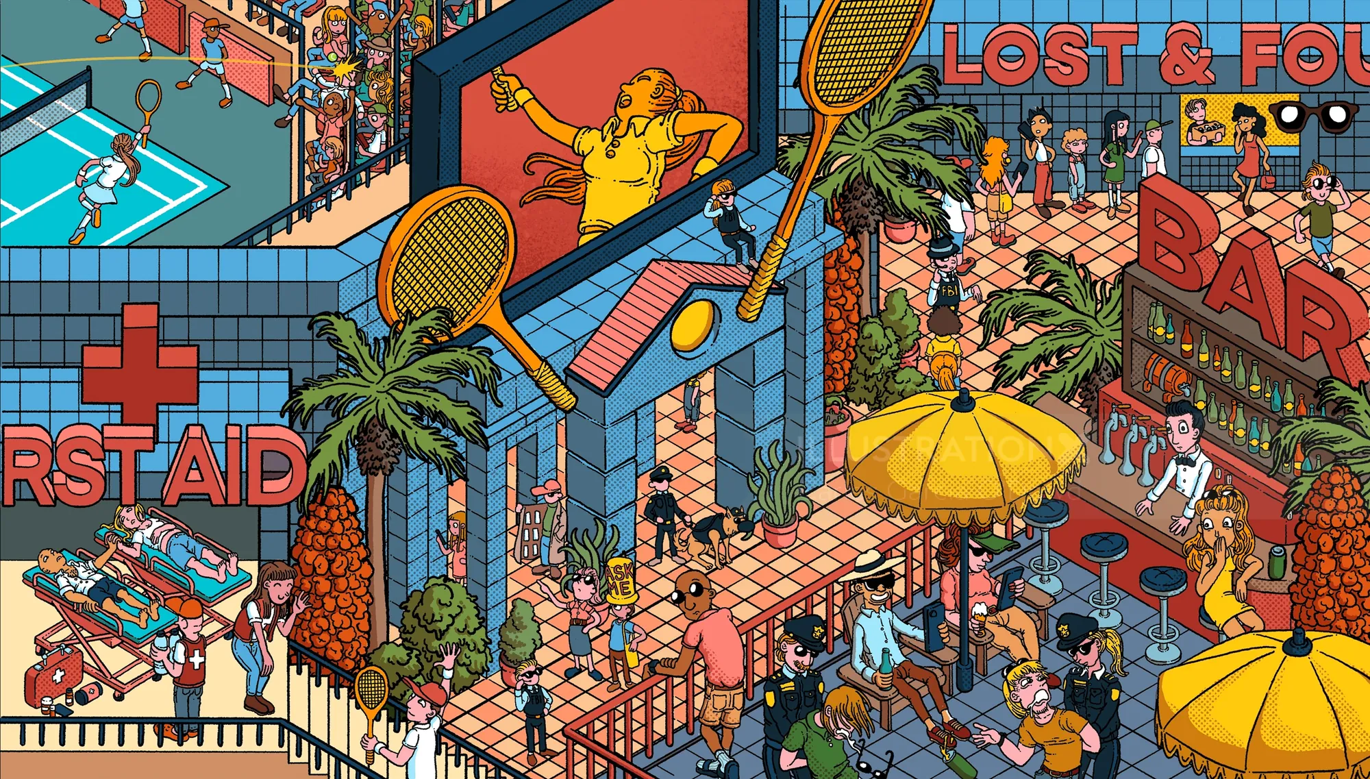 Illustration of busy tennis tournament with players, spectators, and amenities