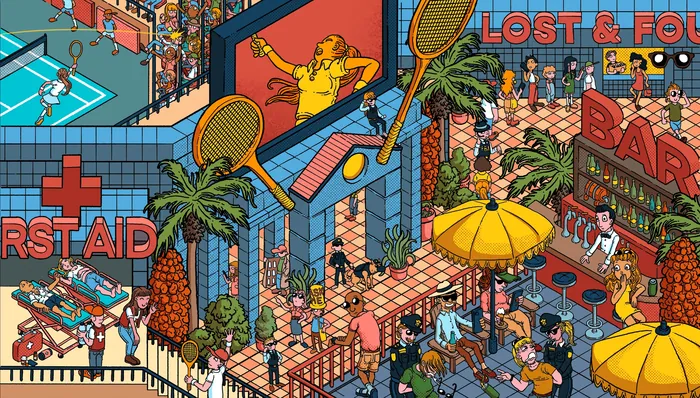 Illustration of busy tennis tournament with players, spectators, and amenities