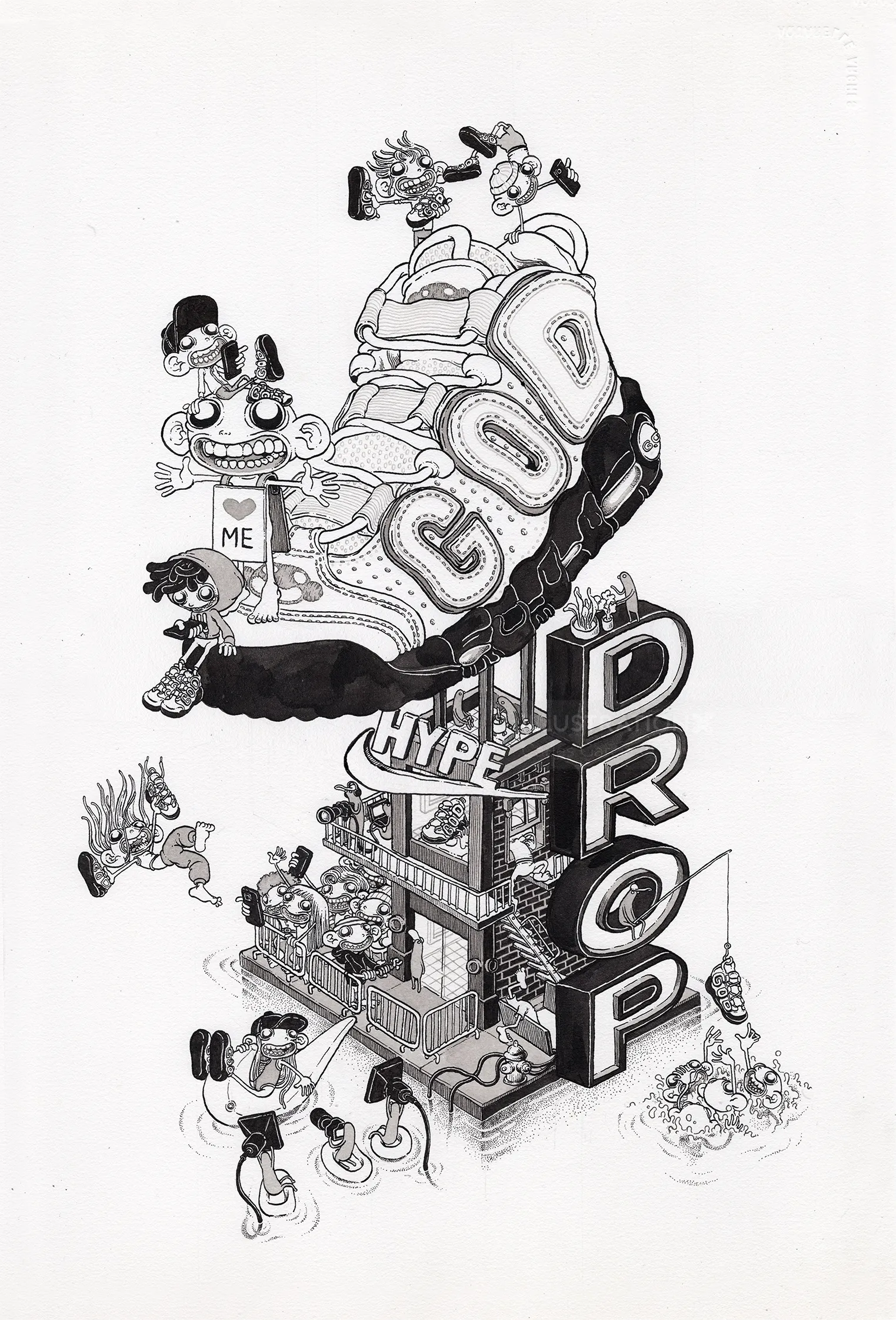 Black and white drawing of a sneaker with cartoon characters and words like GO, ME, HYPE, DROP