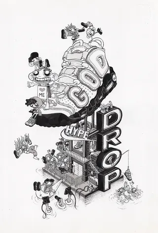 Black and white drawing of a sneaker with cartoon characters and words like GO, ME, HYPE, DROP