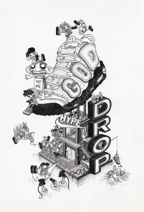 Black and white drawing of a sneaker with cartoon characters and words like GO, ME, HYPE, DROP