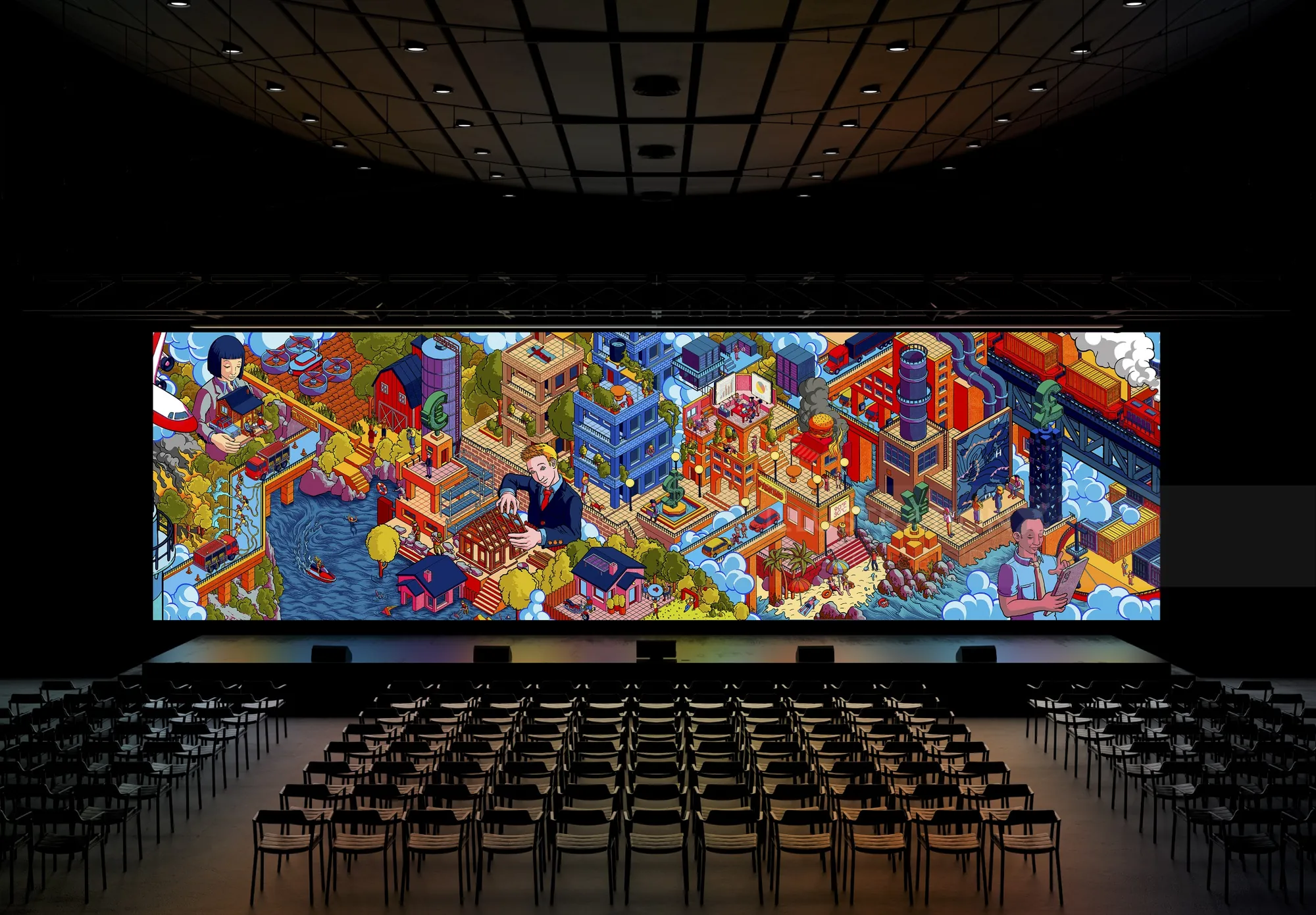 Colorful pixel art mural in dark gallery with empty chairs