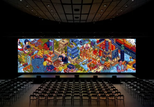 Colorful pixel art mural in dark gallery with empty chairs