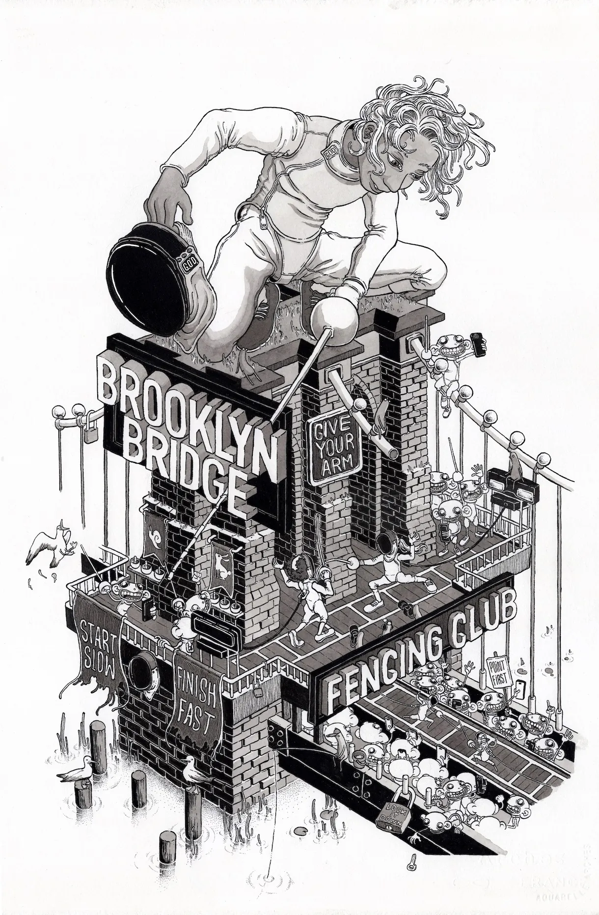 Black and white drawing of giant person building Brooklyn Bridge fencing club