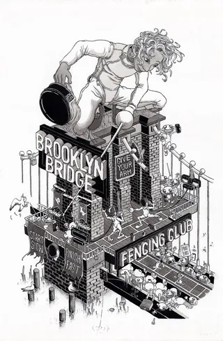 Black and white drawing of giant person building Brooklyn Bridge fencing club