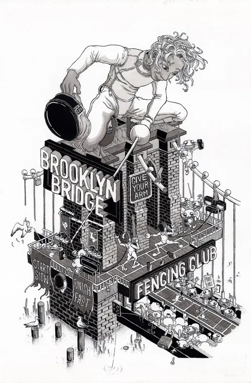 Black and white drawing of giant person building Brooklyn Bridge fencing club