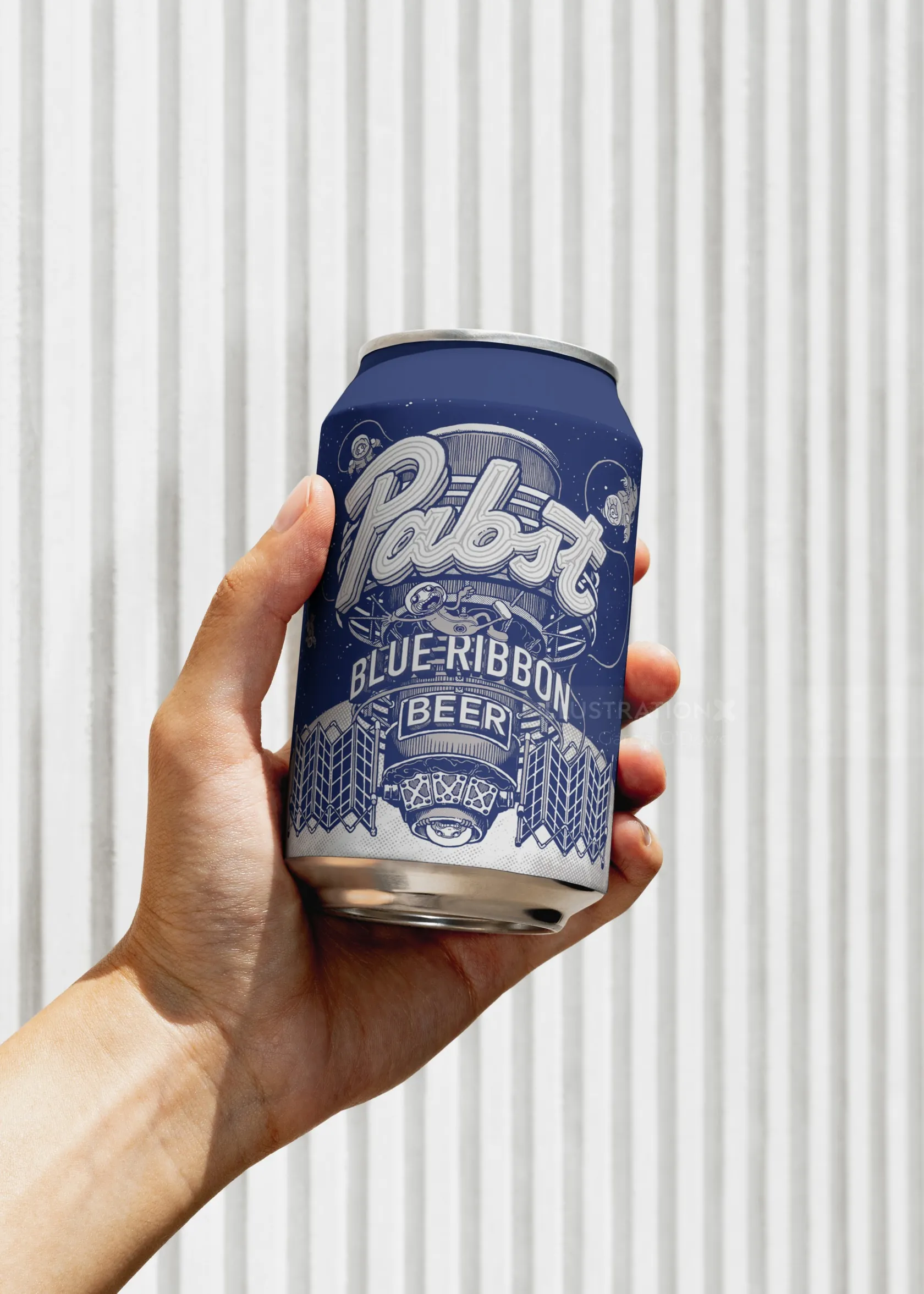 Hand holding a can of Pabst Blue Ribbon beer