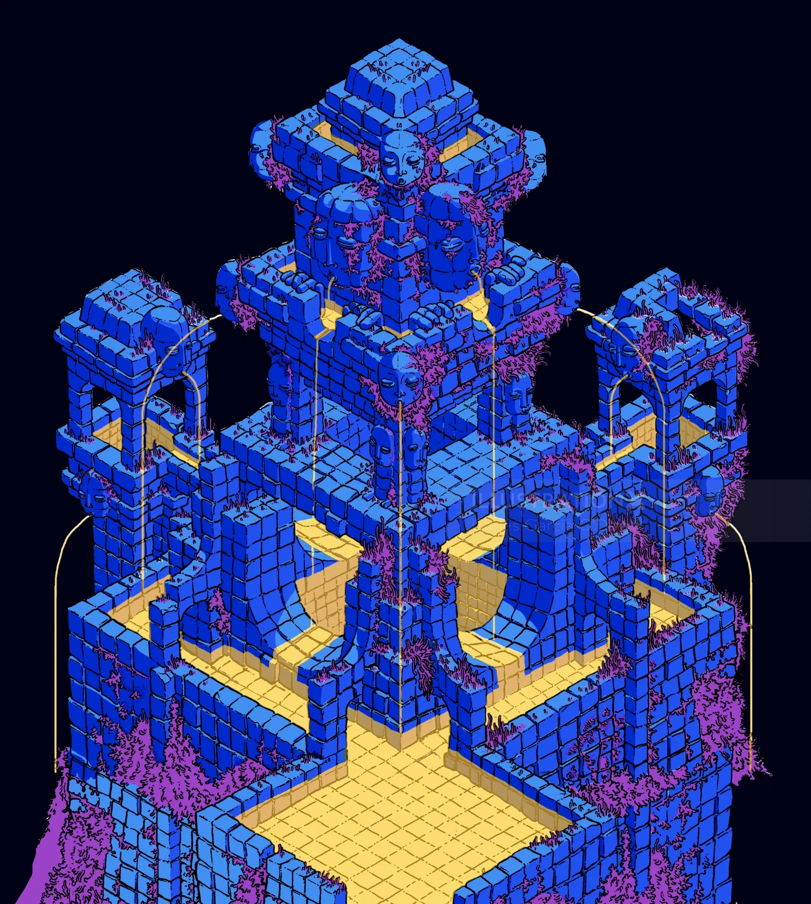 Isometric castle structure with blue, yellow, and purple blocks by Carles Garcia O'Dowd