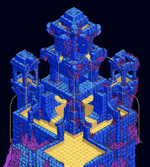 Isometric castle structure with blue, yellow, and purple blocks by Carles Garcia O'Dowd