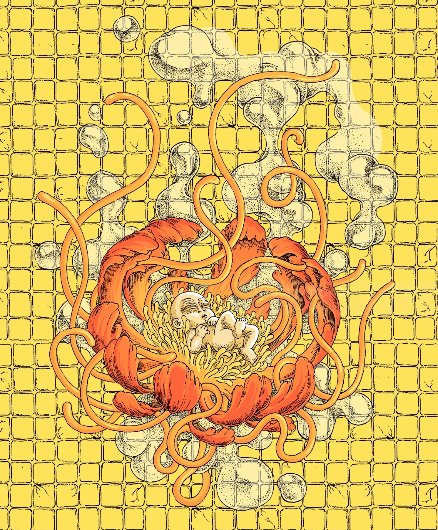 Intricate lobster and clam artwork on yellow background by Carles Garcia O'Dowd