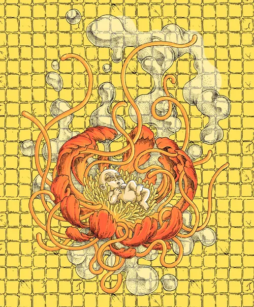 Intricate lobster and clam artwork on yellow background by Carles Garcia O'Dowd