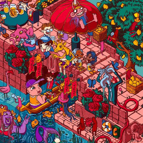 Colorful market scene with diverse characters and animals by Carles Garcia O'Dowd