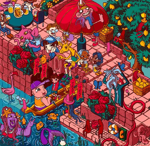 Colorful market scene with diverse characters and animals by Carles Garcia O'Dowd