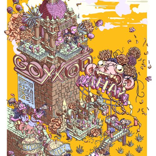 Intricate whimsical building with Goxxos and Mihad signs and many small characters by Carles Garcia 