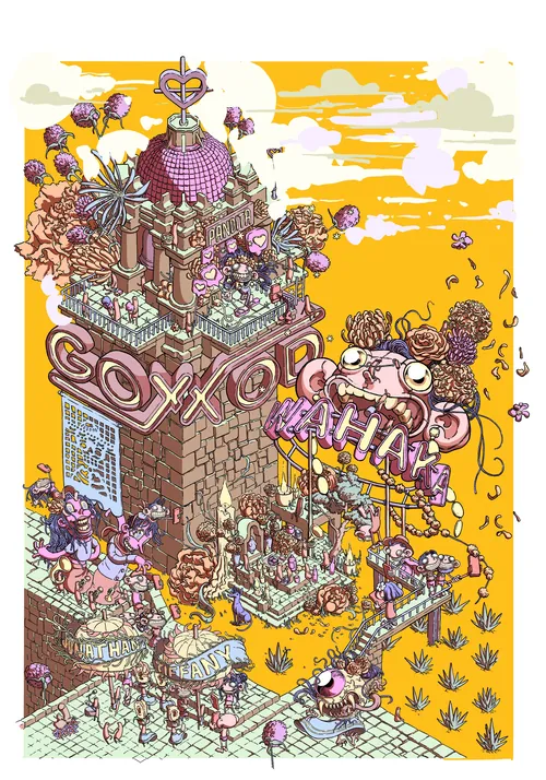 Intricate whimsical building with Goxxos and Mihad signs and many small characters by Carles Garcia 