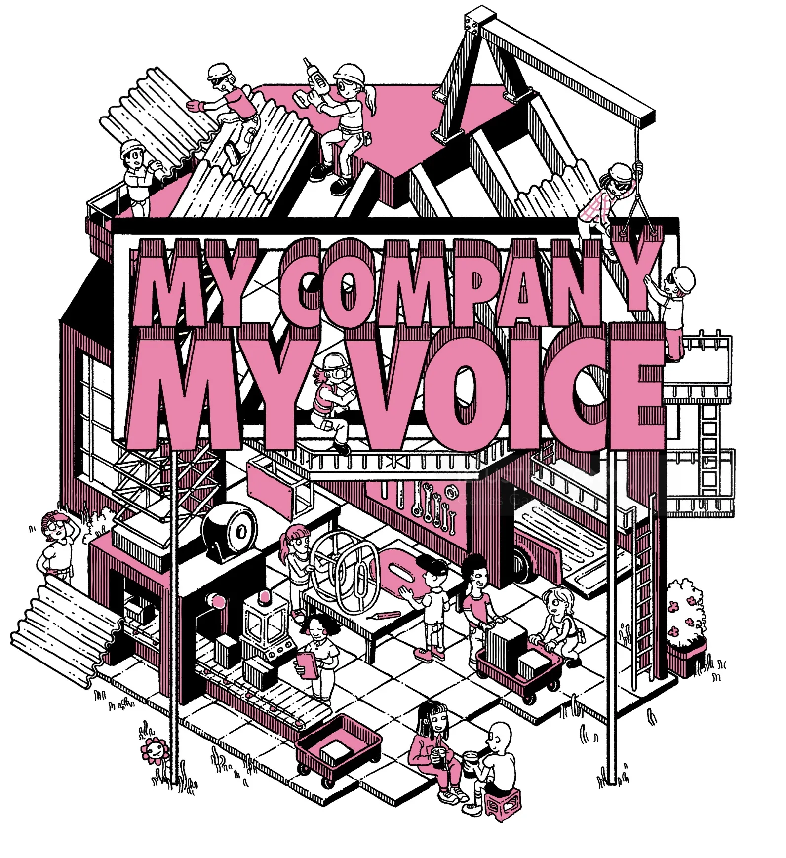 Isometric office building with workers and My Company My Voice text by Carles Garcia O'Dowd