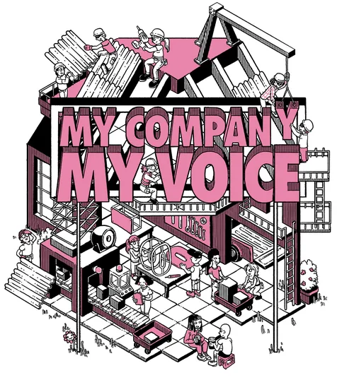 Isometric office building with workers and My Company My Voice text by Carles Garcia O'Dowd