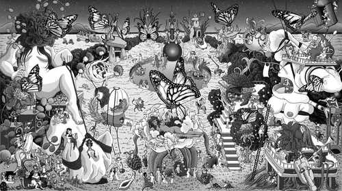 Dense monochrome surreal illustration by Carles Garcia O'Dowd with figures, animals, plants, and ins