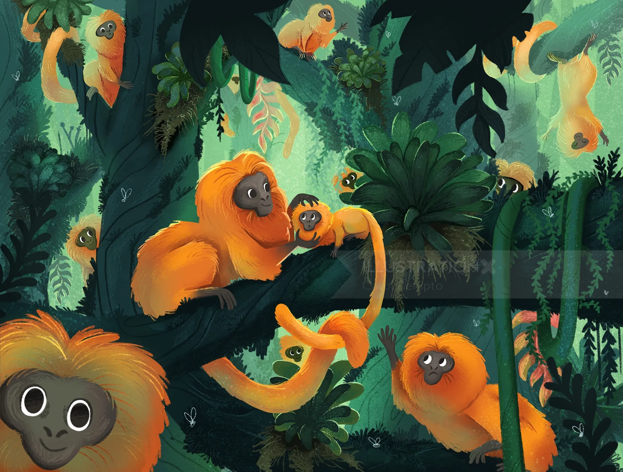 Wildlife illustration of party at the forest