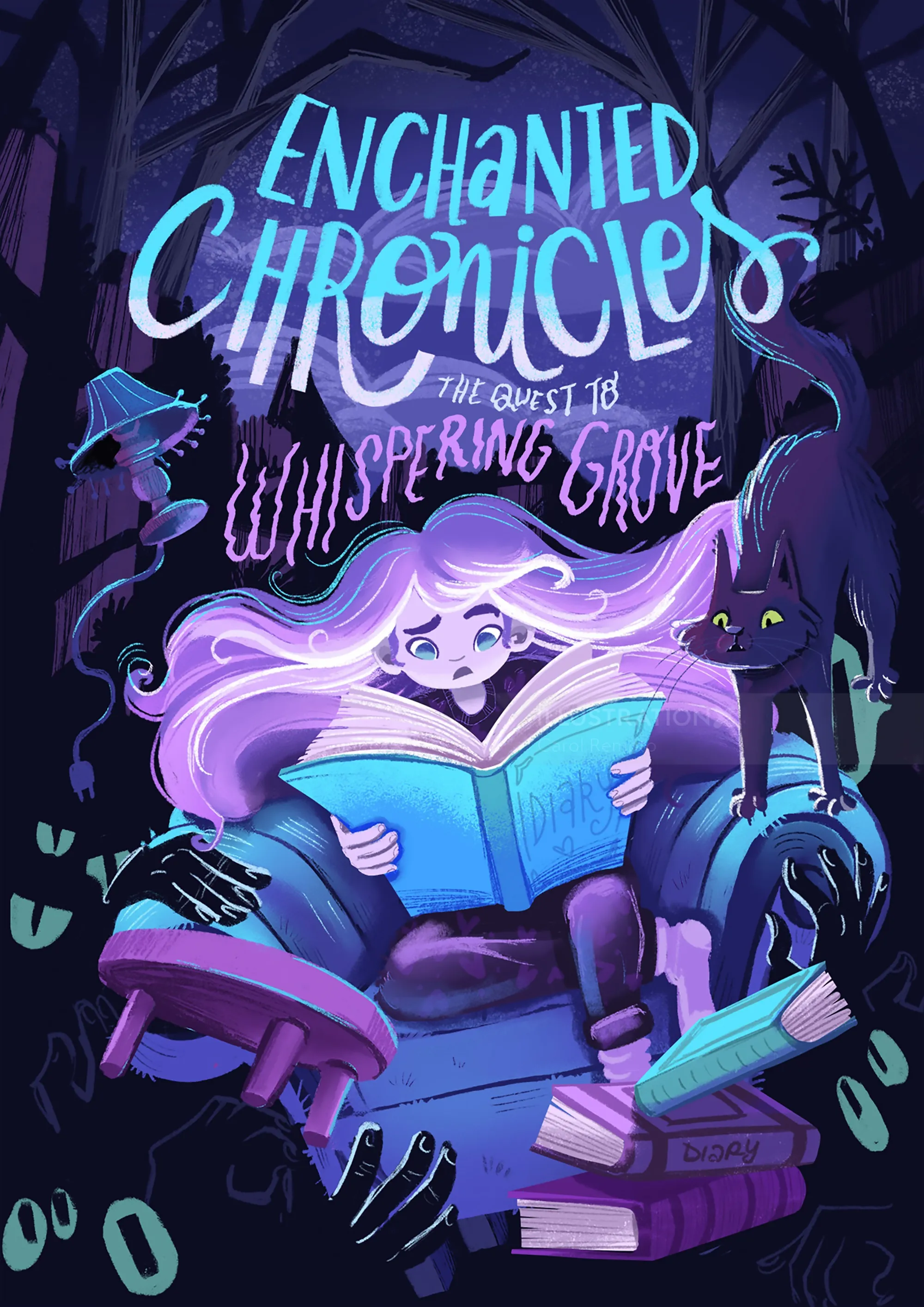 Girl reading a glowing book with forest creatures and dark hands, by Carol Rempto