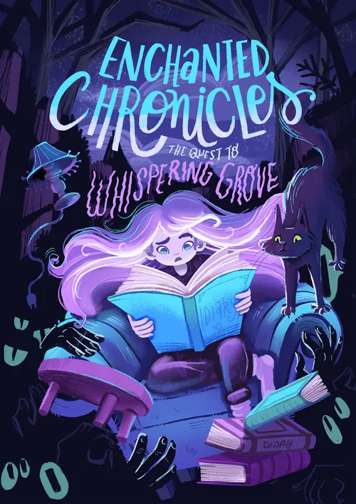 Girl reading a glowing book with forest creatures and dark hands, by Carol Rempto