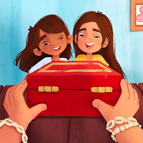 Two girls happily receiving a red gift box indoors