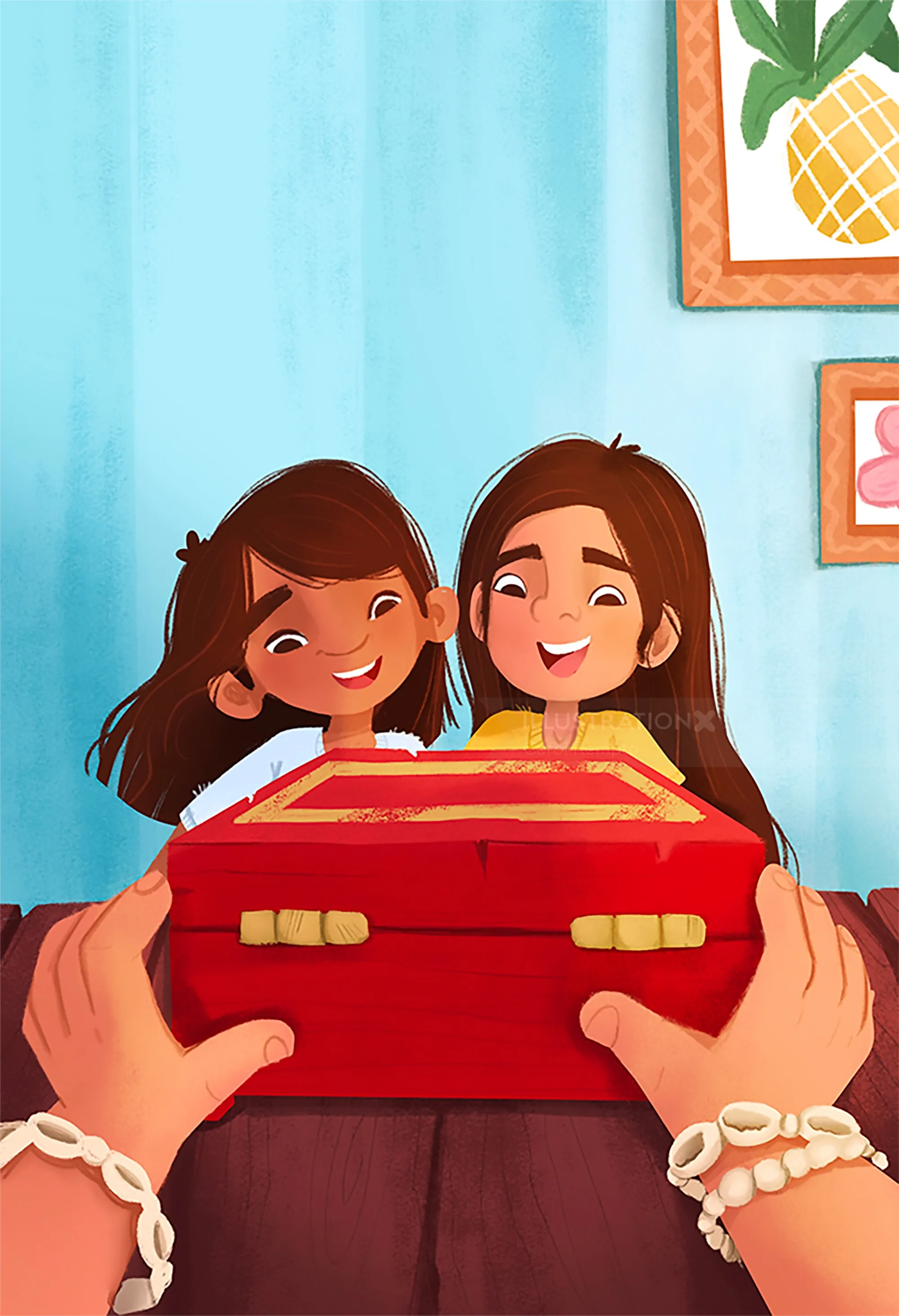 Two girls happily receiving a red gift box indoors