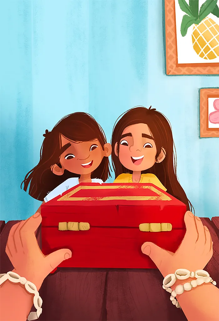 Two girls happily receiving a red gift box indoors