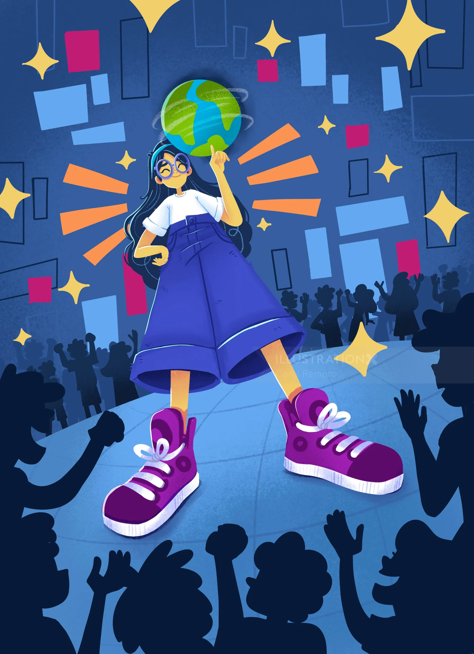 Illustration of a girl balancing a globe with crowd silhouettes below