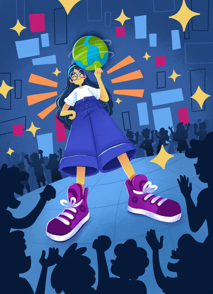 Illustration of a girl balancing a globe with crowd silhouettes below