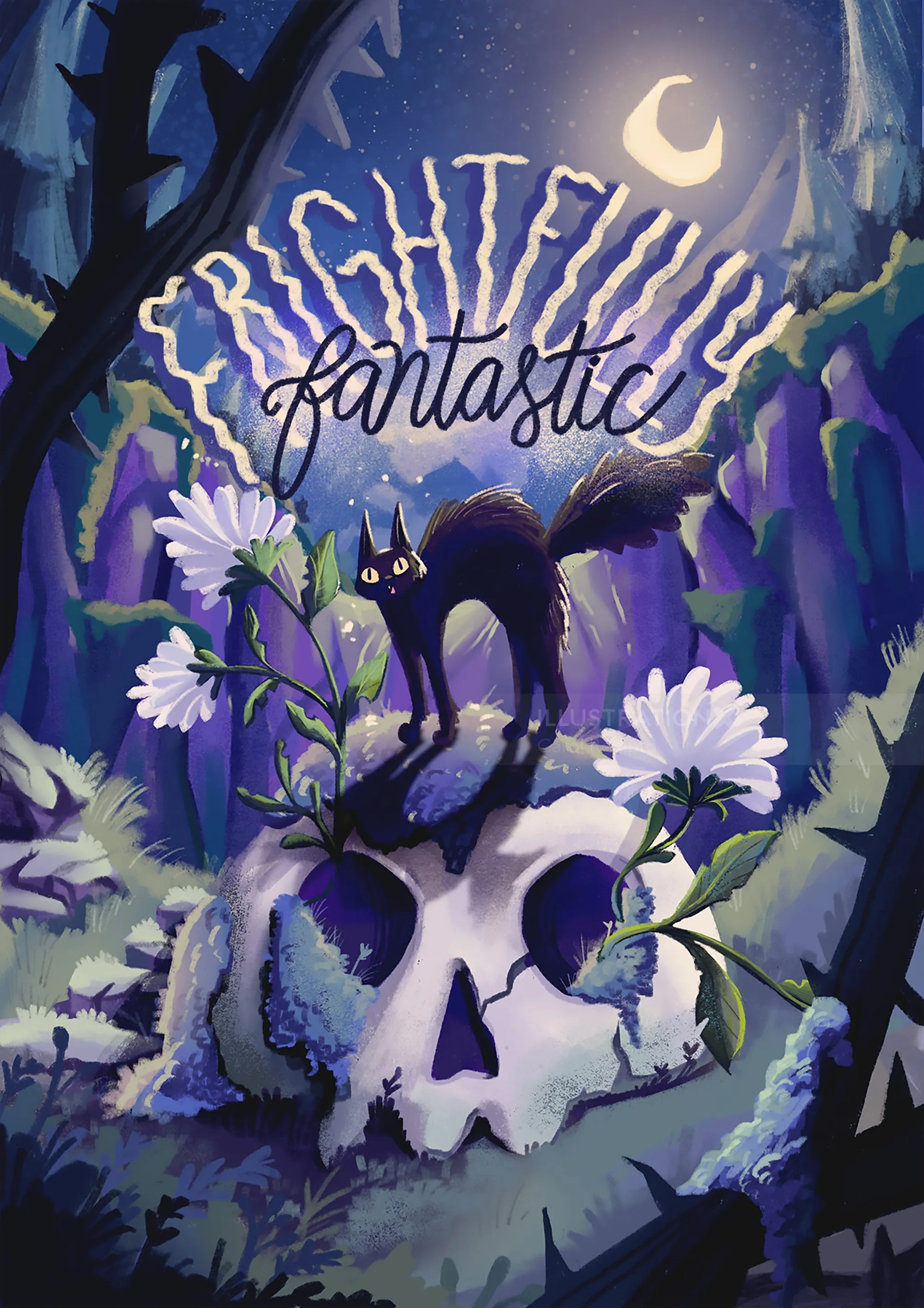 Black cat on skull with flowers under moonlit spooky forest