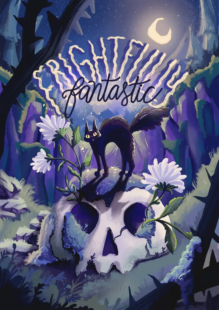 Black cat on skull with flowers under moonlit spooky forest