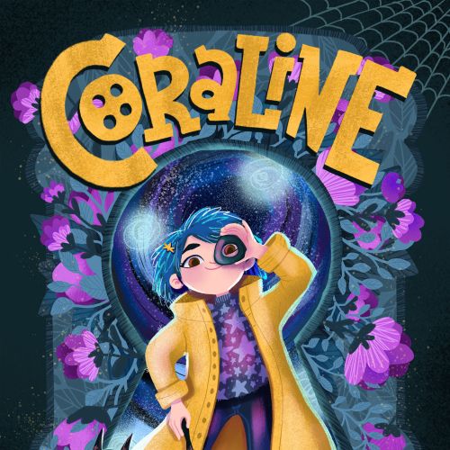 Coraline illustration with yellow raincoat, black cat, and purple flowers