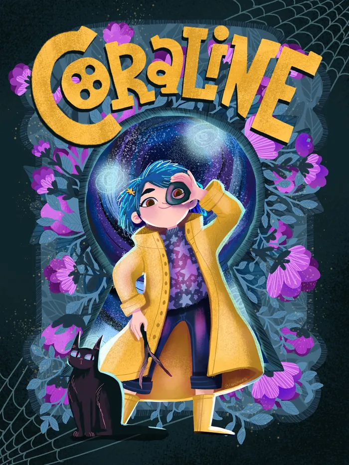 Coraline illustration with yellow raincoat, black cat, and purple flowers