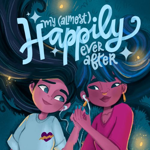 Two characters holding hands under a starry night sky with title text