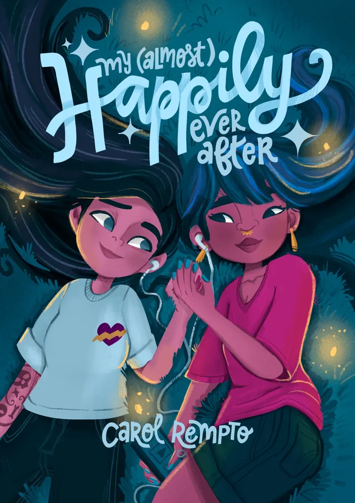 Two characters holding hands under a starry night sky with title text