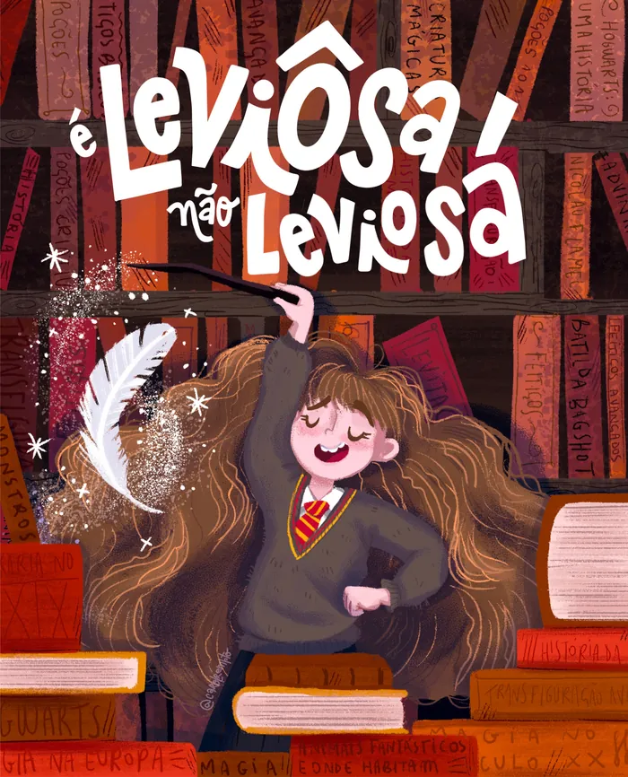 Hermione casting a levitation spell with books and feather