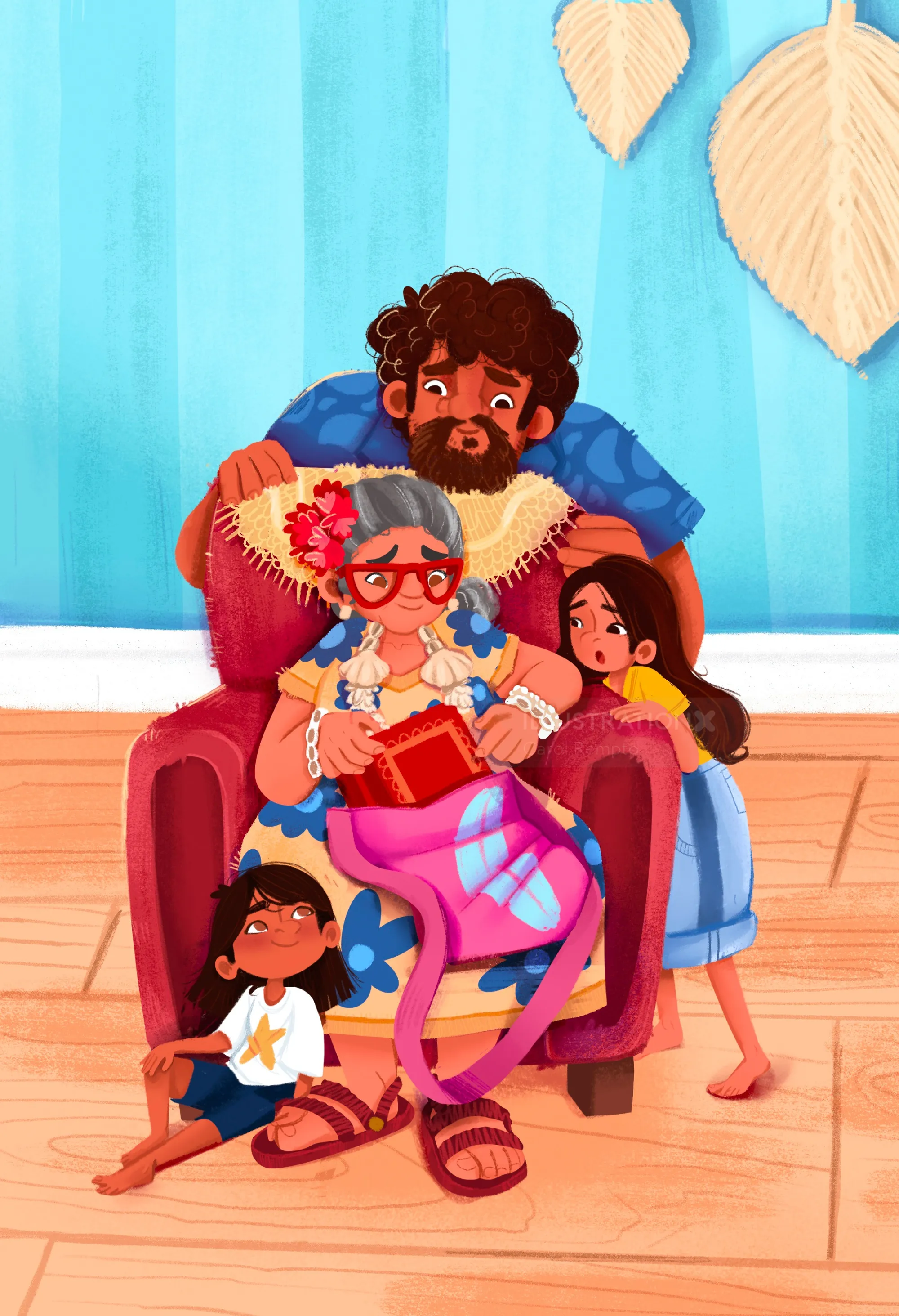 Elderly woman reading book with three attentive children in cozy room