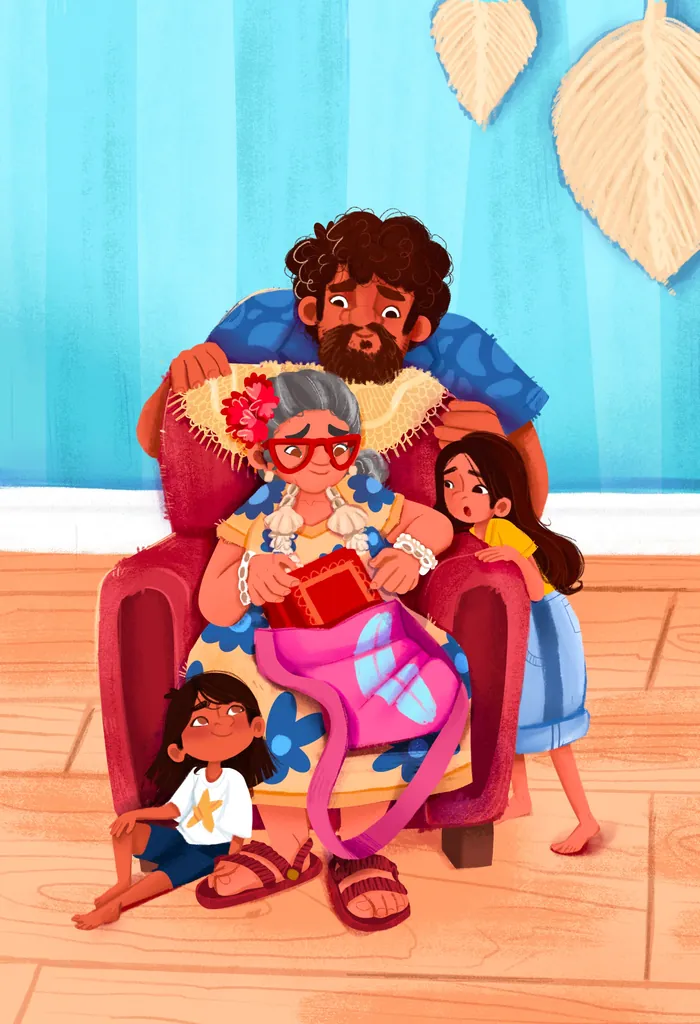 Elderly woman reading book with three attentive children in cozy room
