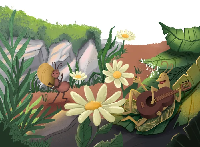 Ant carrying food while grasshoppers play music in nature