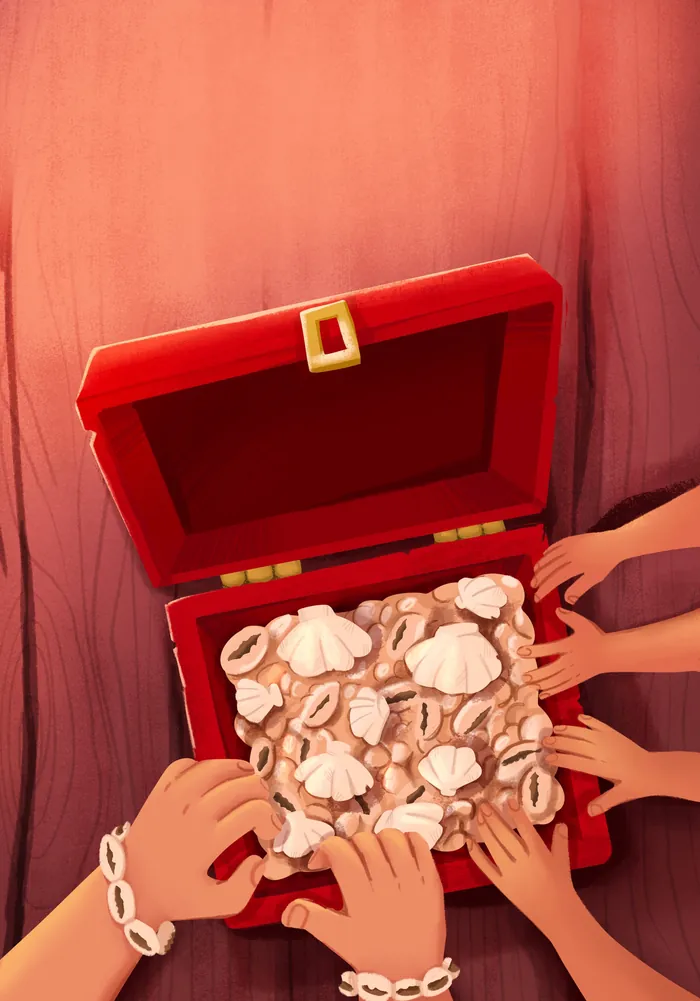 Hands reaching into an open box filled with various seashells