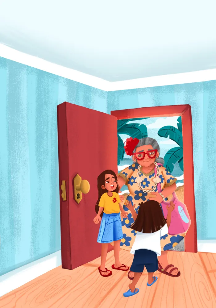 Elderly woman with glasses greets two children at the door