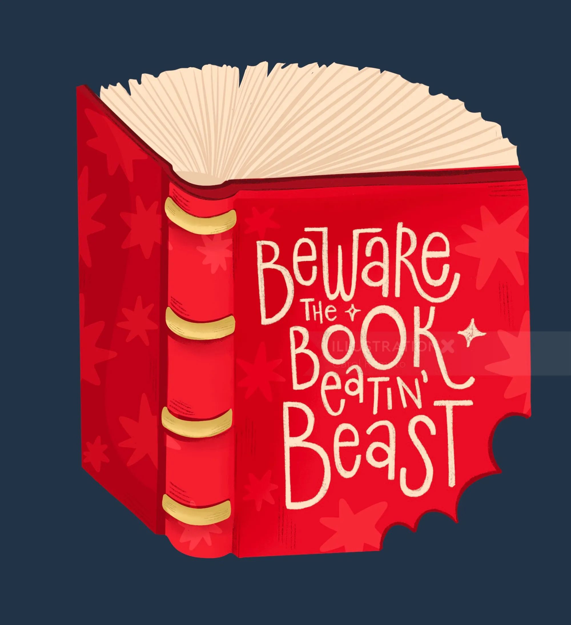 Red book with text Beware the Book Beatin Beast illustration
