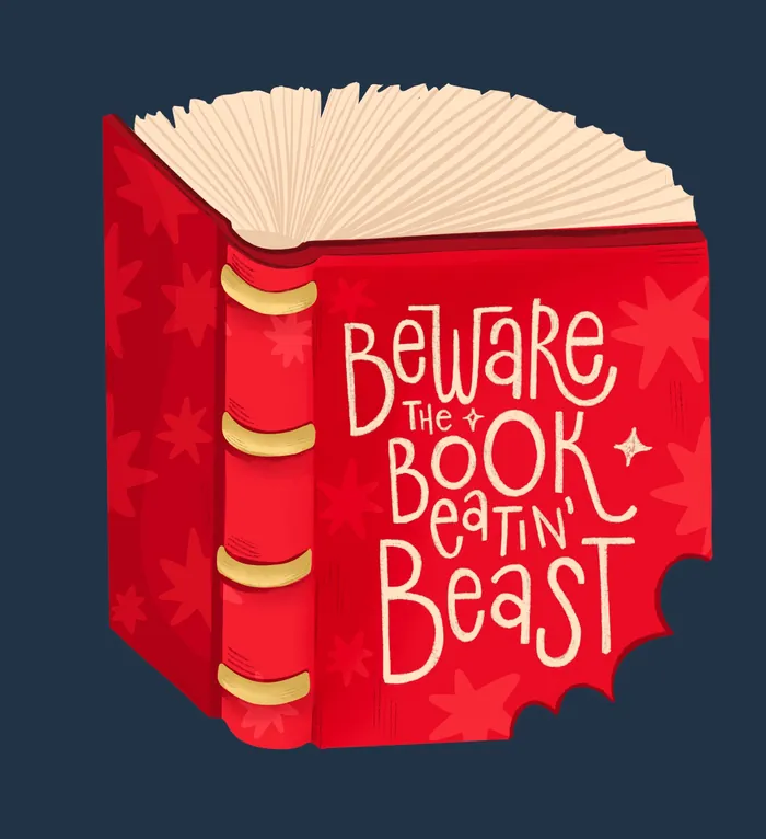 Red book with text Beware the Book Beatin Beast illustration