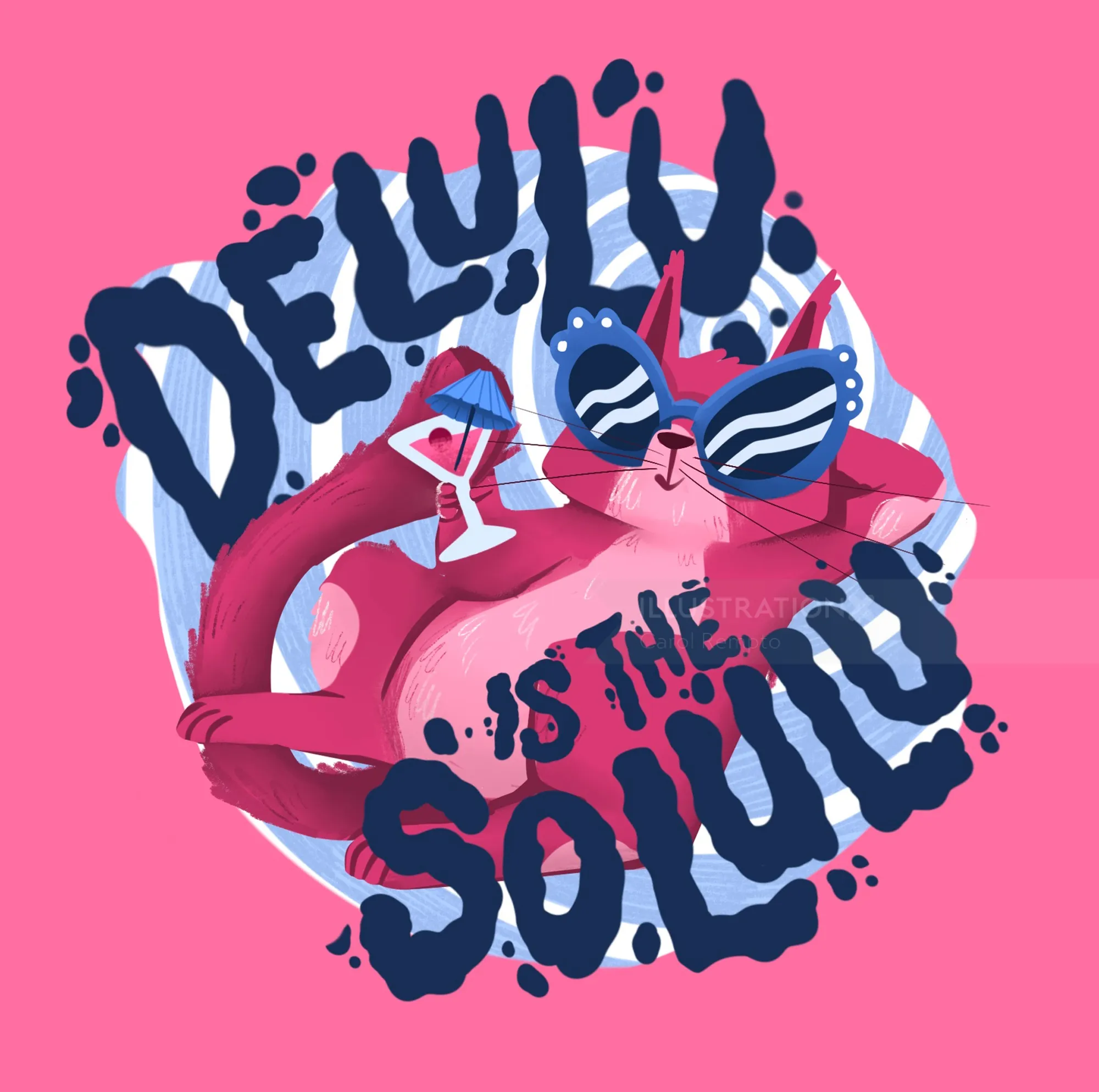 Pink flamingo wearing sunglasses holding cocktail with text Delulu is the soul