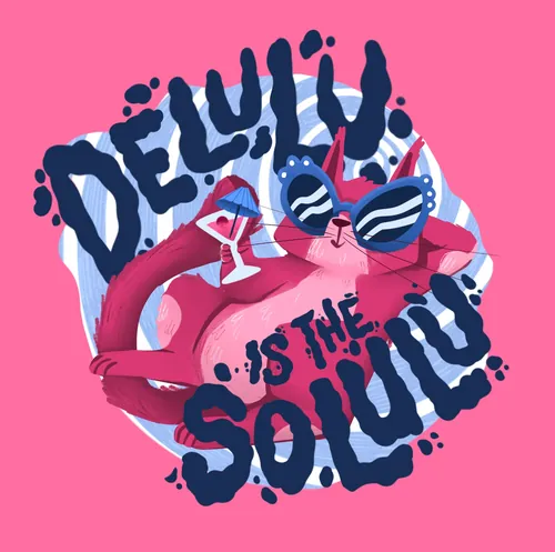 Pink flamingo wearing sunglasses holding cocktail with text Delulu is the soul