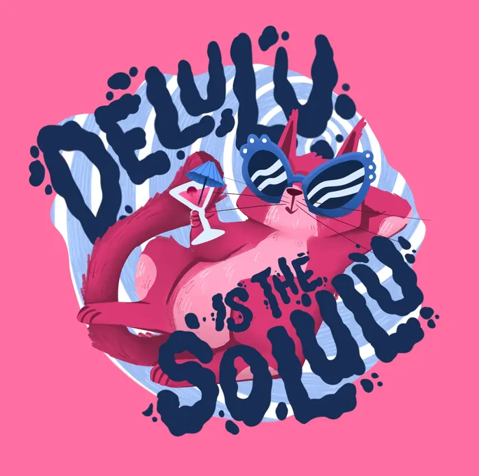 Pink flamingo wearing sunglasses holding cocktail with text Delulu is the soul